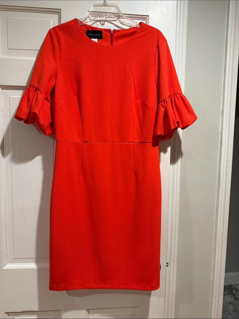 Donna Morgan Red Midi Dress with Ruffle Elbow Sleeves